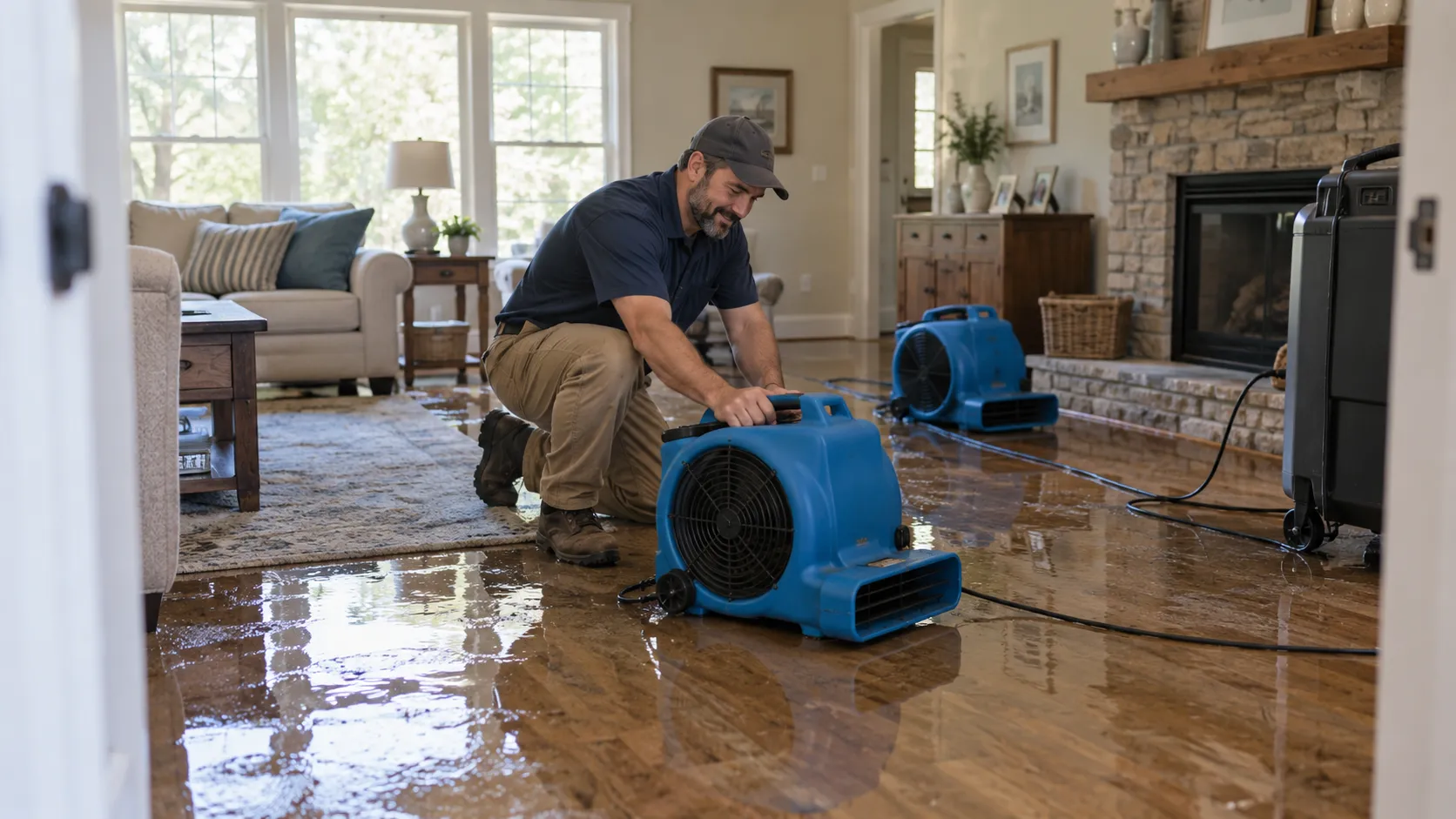 Water damage restoration technician drying a flooded living room in Raleigh